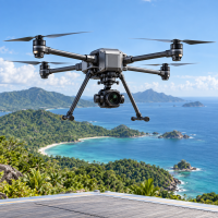 Dron profesional moderno sobre costa tropical